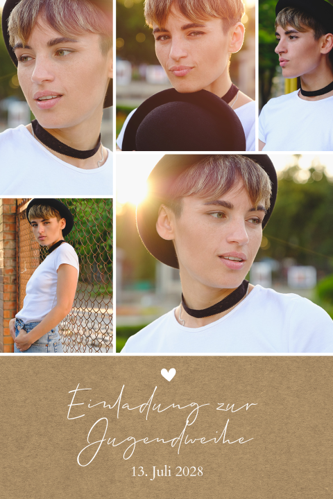 Einladung zur Jugendweihe mit Fotocollage und Herz im Kraftlook