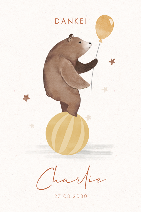 Dankeskarte zur Geburt mit Bären und Ball mit Foto im Hochformat