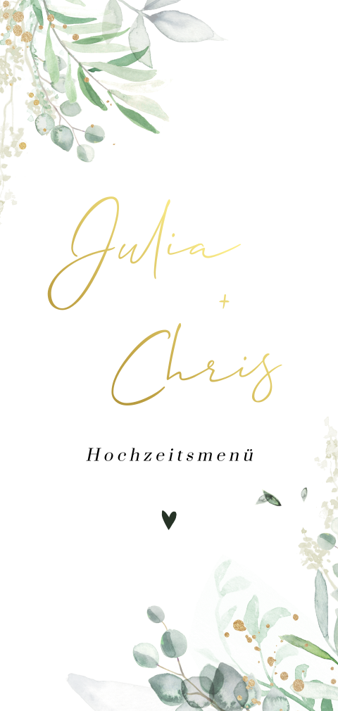 Menükarte mit grünen Zweigen und schwarzem Hochglanz