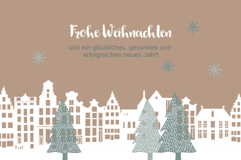 Trendige Weihnachtskarte mit Häusern und Tannen