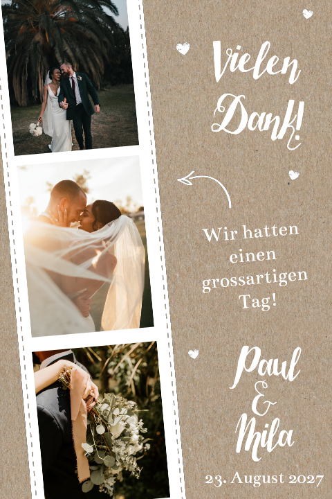 Hochzeit Dankeskarte mit Fotostreifen aus echtem Kraftpapier