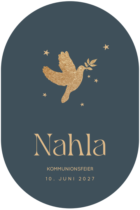 Ovale Einladungskarte zur Kommunion mit goldener Taube und Sternen