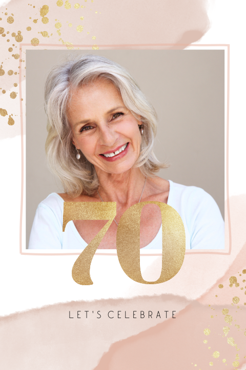Einladung 70. Geburtstag mit rosa Aquarell, Foto und goldenen Sprenkeln