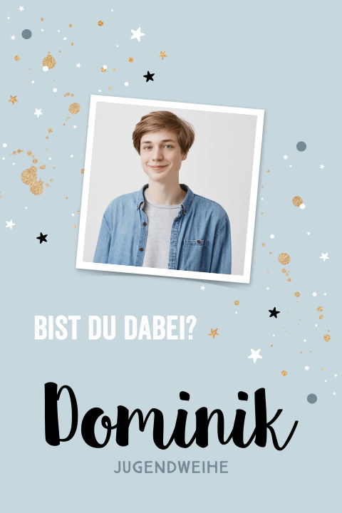 Einladung zur Jugendweihe mit blauem Hintergrund und Foto