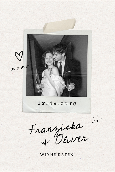 Hochzeitseinladung mit Polaroidfoto im Vintage-Stil
