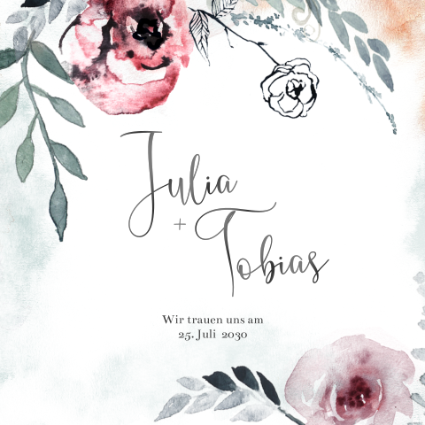 Hochzeitseinladung mit handgemalten Blumen im Aquarell-Look