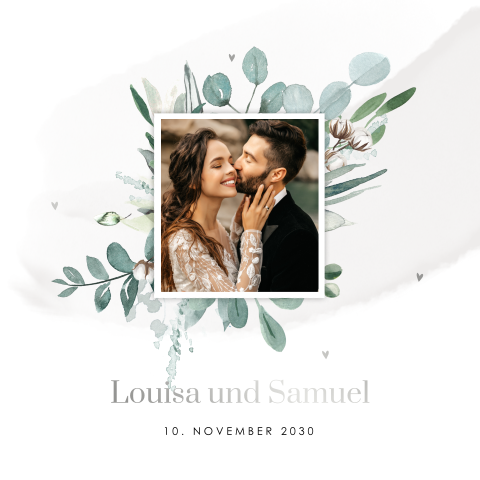 Einladung zur Hochzeit mit Eukalyptus Zweigen, Foto und Silberfolie