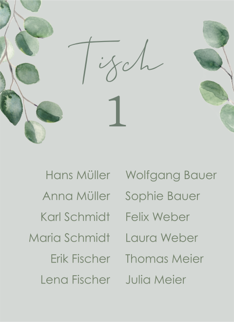Sitzplan Hochzeit Flaschenetiketten Eukalyptus und grüner Hintergrund