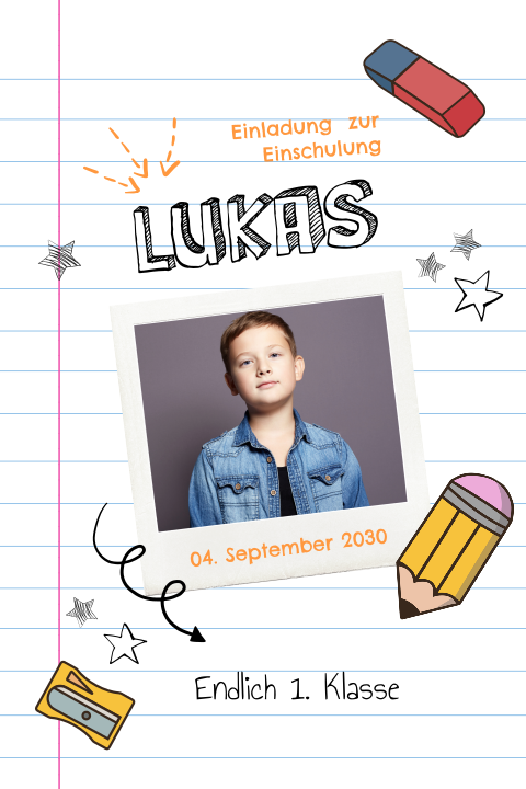 Einladung zur Einschulung mit Foto, Illustrationen und Linien