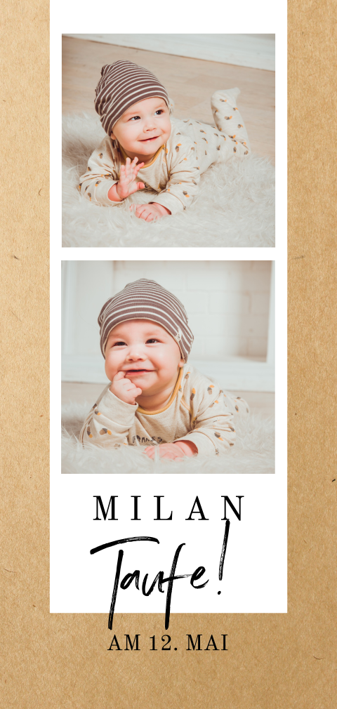 Elegante Einladung zur Taufe im Hochformat mit zwei Bildern