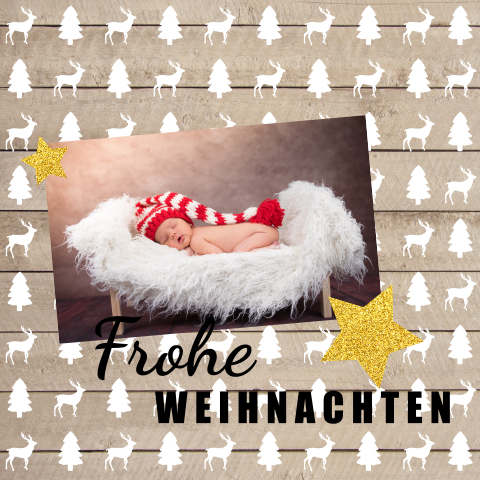 Robuste Weihnachtskarte mit Holzhintergrund und goldenen Sternen