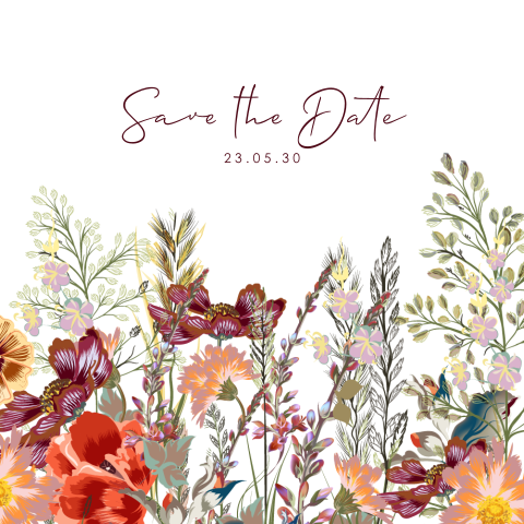 Florale Save the Date Karte mit farbenfrohen Feldblumen