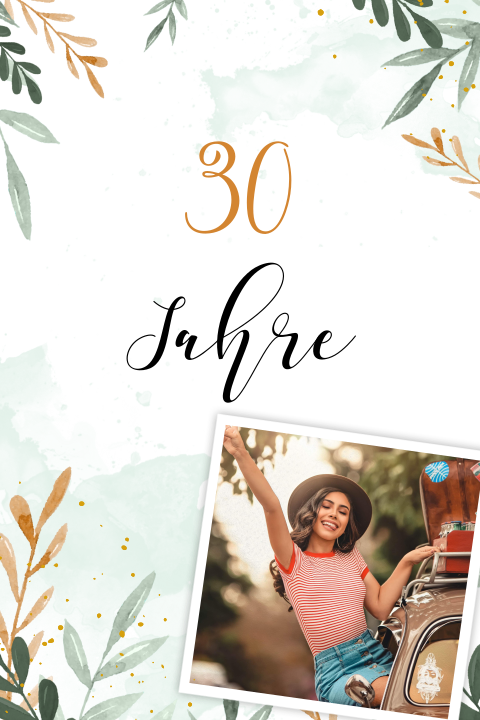 Trendige Einladung mit Foto- und Aquarellzweigen