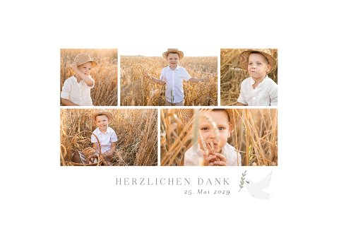 Danksagungskarte für Kommunion mit Fotocollage und Taube mit Zweige