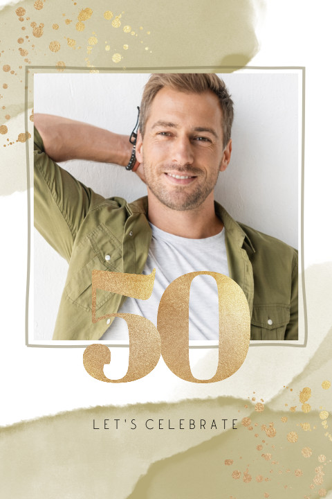 Einladung 50. Geburtstag mit grünem Aquarell und Goldsprenkeln