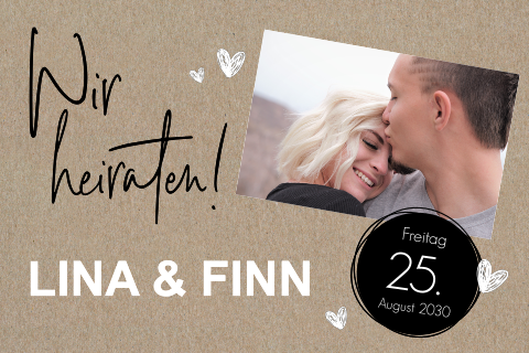Echtes Kraftpapier Hochzeitseinladung mit Fotos und Tagesplan