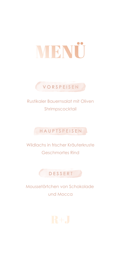 Stilvolle Menükarte mit rosa Aquarellfarbe und Roségoldfolie