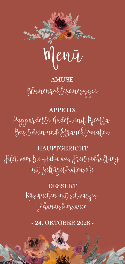 Längliches Menü mit Blumen in Rosa und Orange