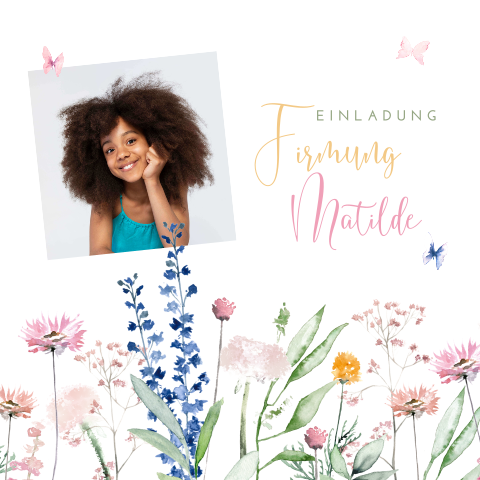 Einladung zur Firmung mit Foto, Blumenwiese und Schmetterlingen