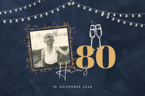 Einladung zum 80 Geburtstag mit sprankeldem Gold und Foto