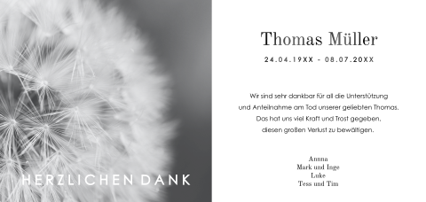 Elegante Danksagung Trauerkarte mit Pusteblumen-Bild