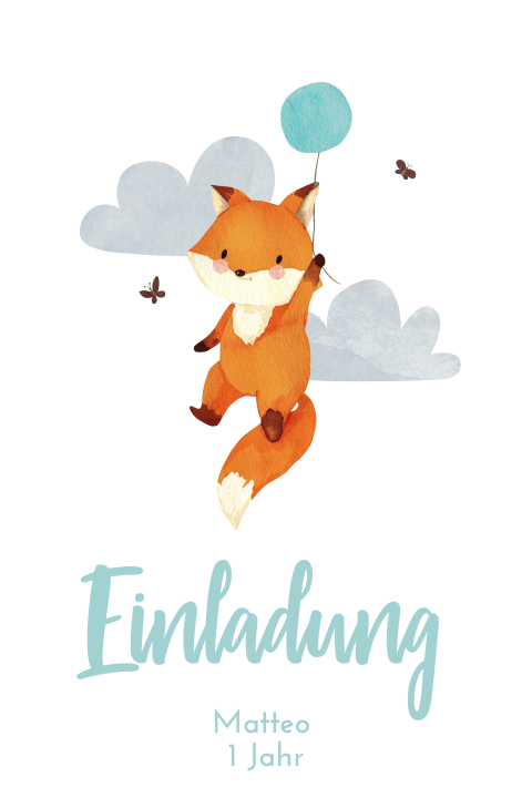Einladung für einen Jungen mit Fuchs und blauem Ballon