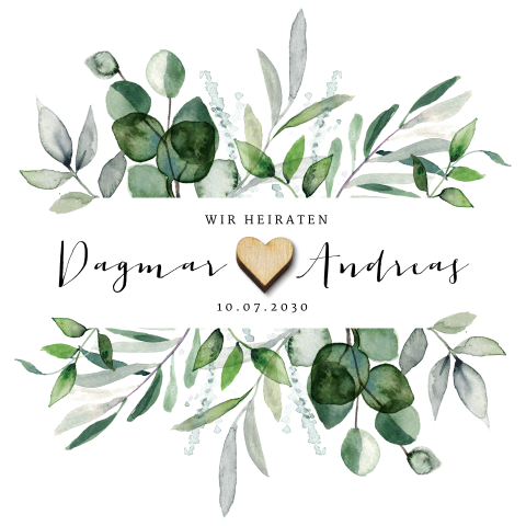 Schöne florale Hochzeitskarte “Eukalyptus” | optionales Holzherz