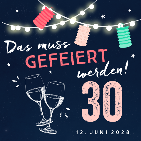 Einladungskarte zum 30. mit Lichterkette und Gläsern