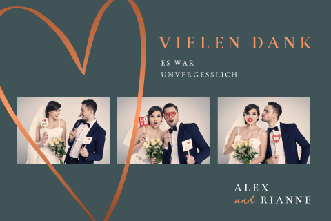 Dankeskarte Hochzeit mit drei Bildern und großem Herz