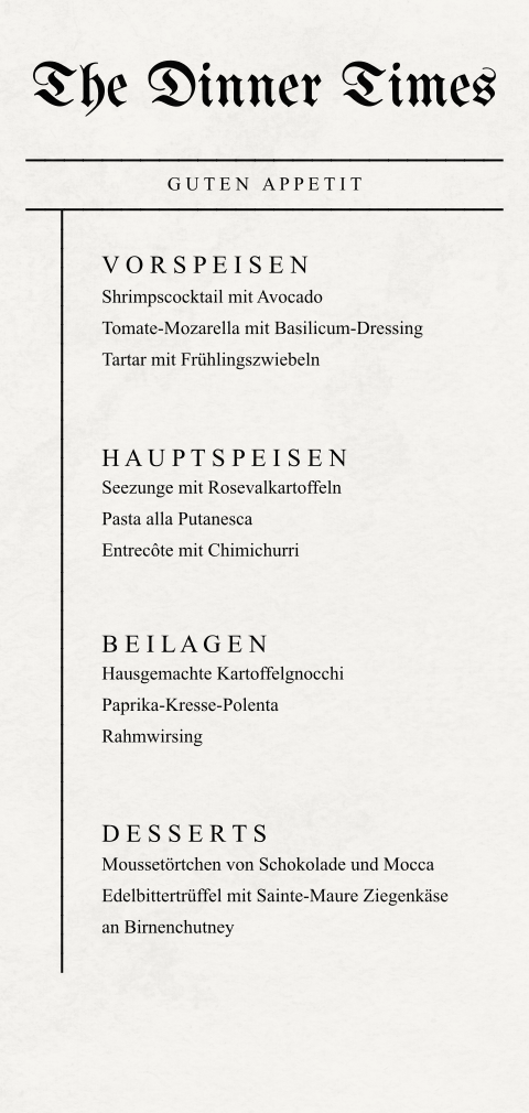 Lustige, ausgefallene Menükarte im Zeitungs-Look