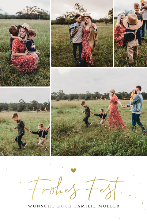 Weihnachtliche Collage mit vielen Fotos und Goldfolie