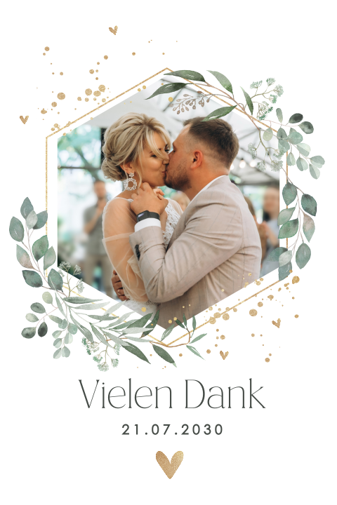 Botanische magnetische Dankeskarte zur Hochzeit mit Foto und Herzen