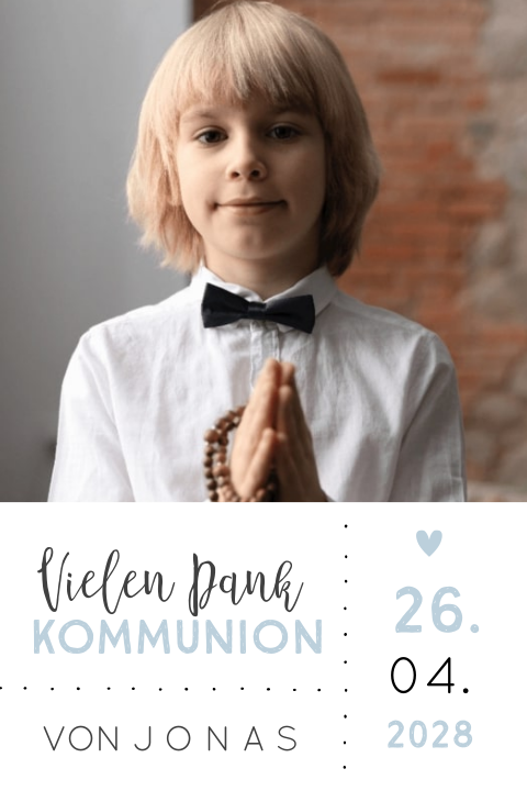 Dankeskarte zur Kommunion mit Foto und hellblauer Schrift