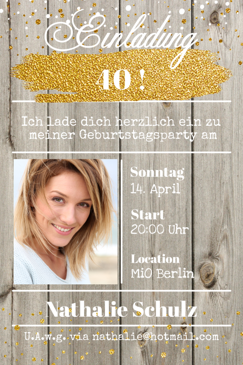 Doppelseitige Geburtstagseinladung im Holzlook mit Foto