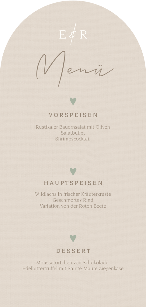 Hübsche Menükarte in Halbbogenform mit Herzchen