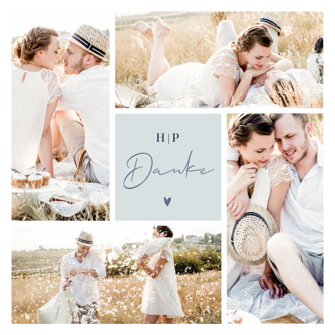 Stilvolle Dankeskarte mit Foto und Zweigen in Blau und Grün