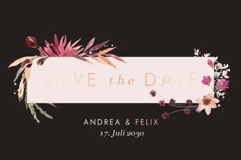 Save the date Karte mit rosa Blumen auf schwarzem Hintergrund