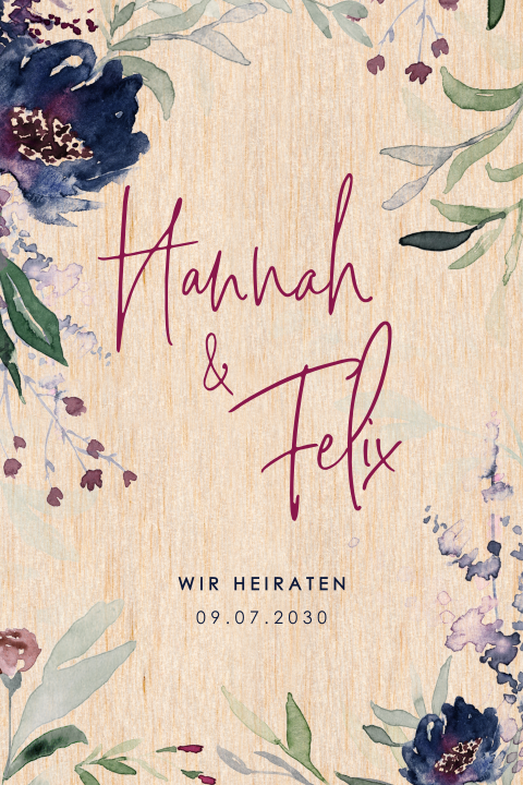 Kunstvolle Hochzeitskarte auf Holz mit Aquarell Blumenrand
