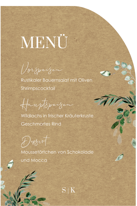 Menükarte Greenery mit origineller Form und Kraft-Optik