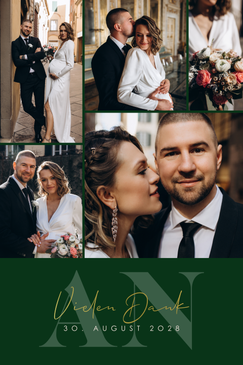 Moderne Dankeskarte in Grün mit 5 Fotos und Monogram