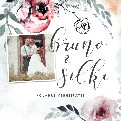 Einladung zum 40. Jahrestag mit Foto und Aquarellblumen