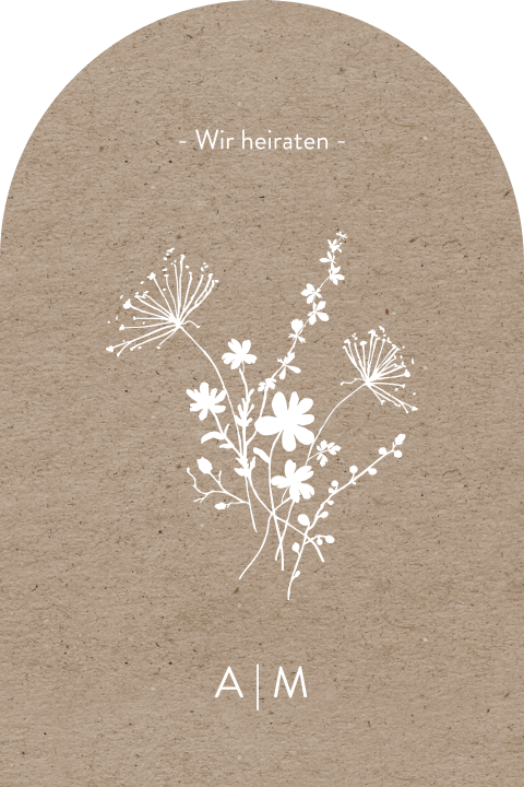 Hochzeitskarte mit Blumen auf Kraft-look, Halbbogenform