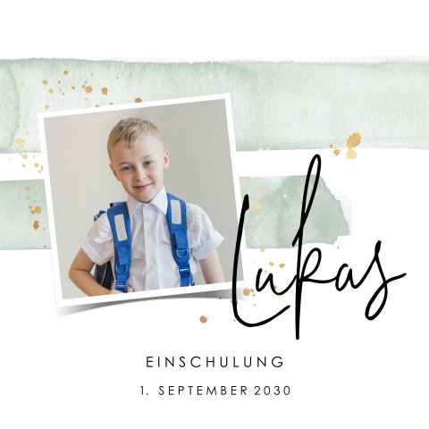 Einladung zur Einschulung mit Aquarell-Hintergrund in Grün mit Foto
