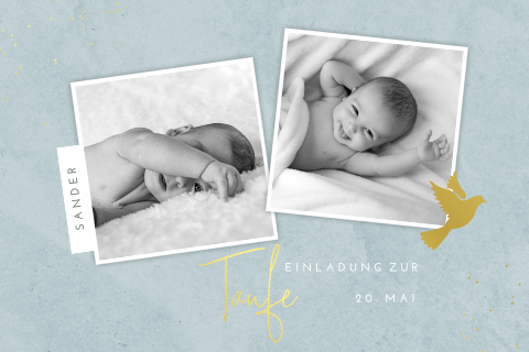 Schicke Einladung zur Taufe mit goldener Friedenstaube auf hellblau