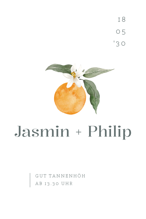 Einladungskarte mit handgemalten Orangen und Orangenblüten