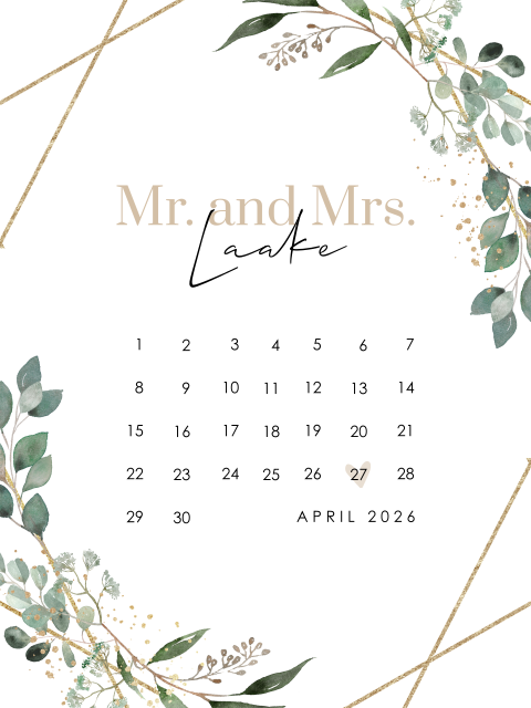 Botanisches Hochzeitsposter mit Kalender und Eukalyptus