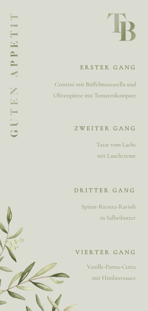Menükarte Hochzeit in Grün mit Zweigen und Initialen