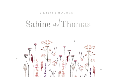 Stilvolle Einladung zur Silberhochzeit mit Blumendesign, Silberfolie