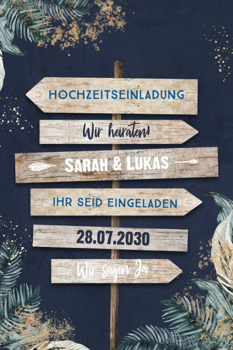 Dunkelblaue Hochzeitseinladung mit Wegweiser und Zweigen