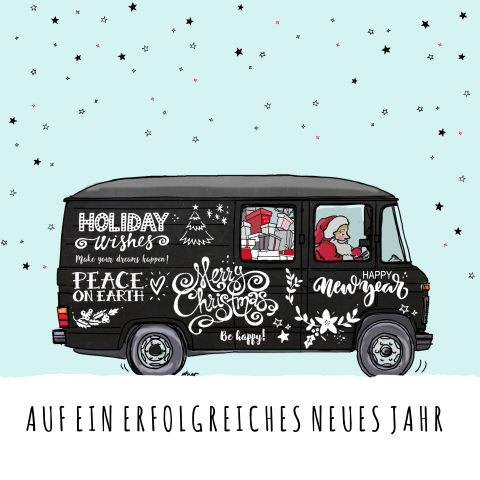 Starke Weihnachtskarte mit schwarzem Lieferwagen mit Texten